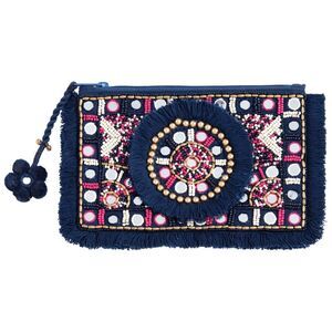 Shiraleah Chicago Clutch Handbag Purse Samba Zip Pouch Embroidered Navy and Pink
